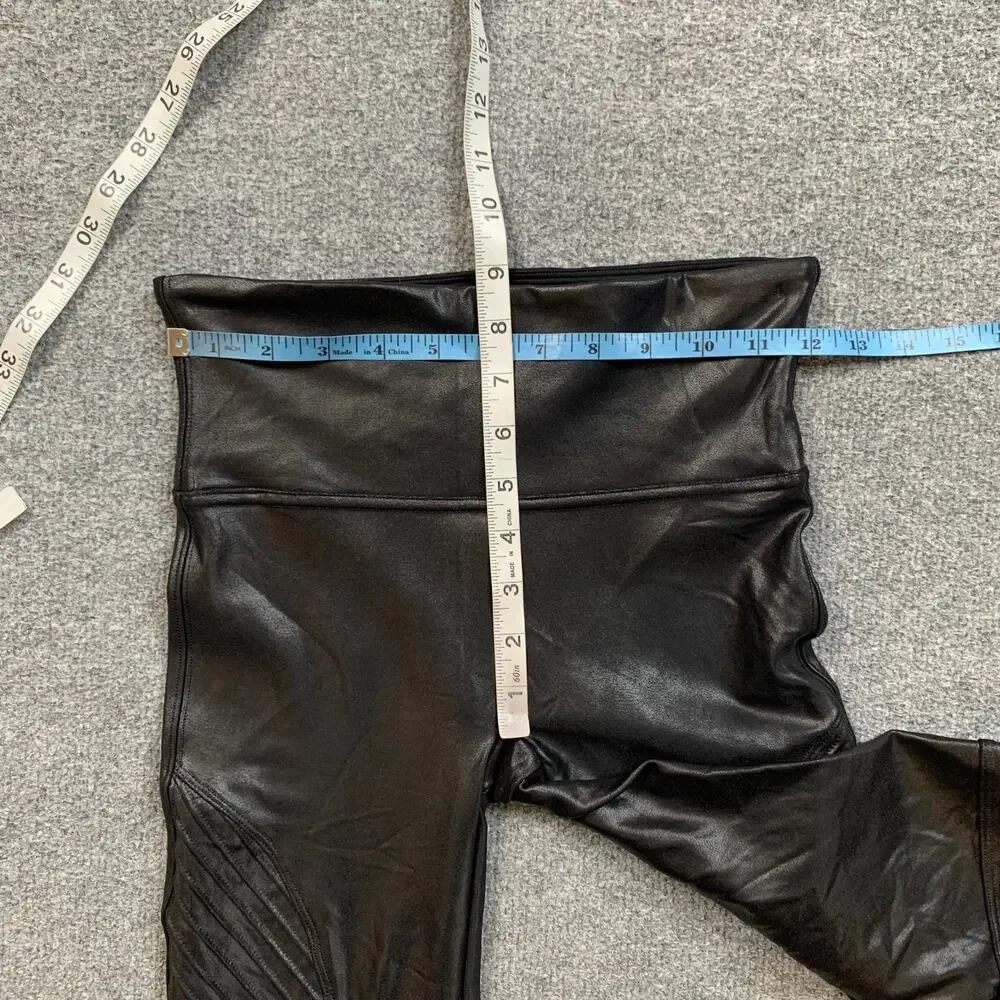 Spanx Leggings Womens S Small Black Faux Leather Moto Coated Wide Waistband